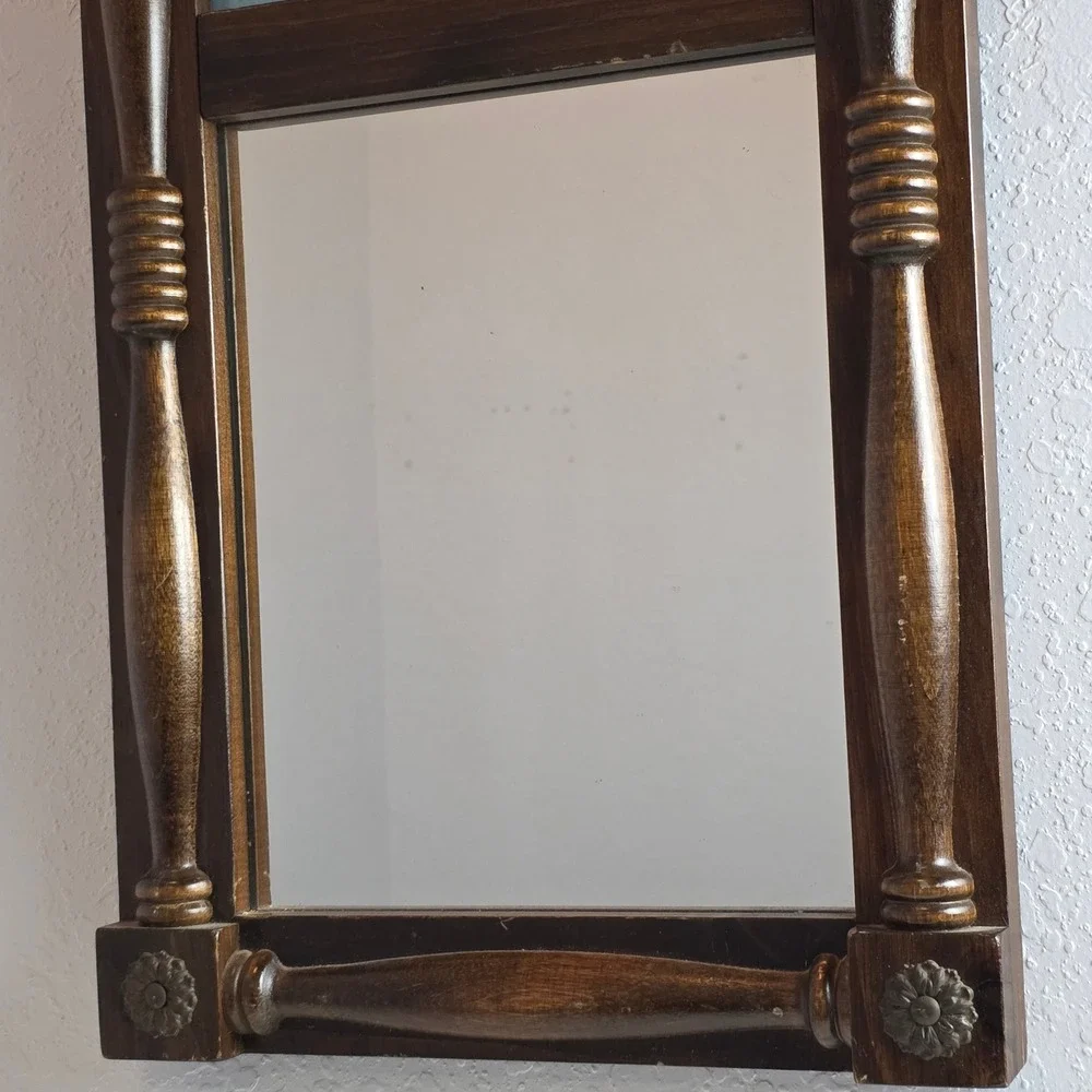 Vintage Rustic Wood Wall‎ Mirror Scenic Duck Nature Print Spindle Frame Rosettes